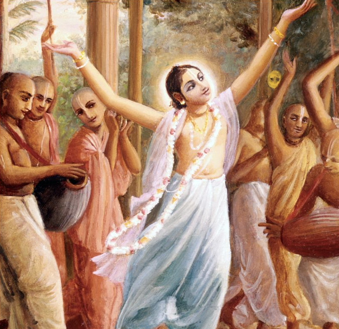A painting of Lord Nityananda dressed in white with his arms raised in glorification of the Lord.